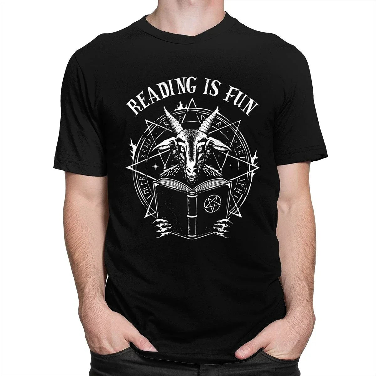 2024 Satan Demon Geeks Reading Is Fun Tee Tops Men Culture Parody Digital Print T-Shirt Baphomet Graphic T Shirt Gift Y2k