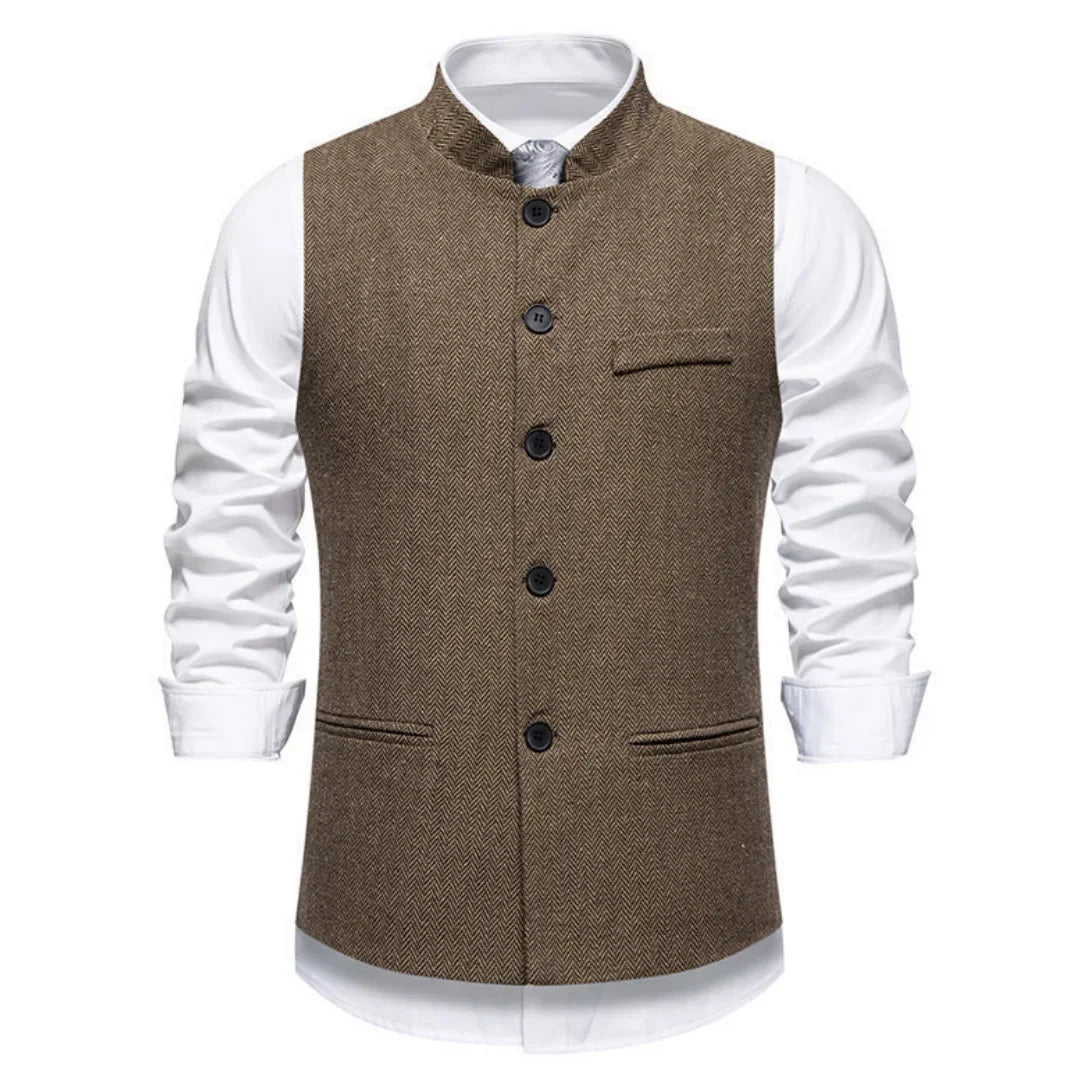 Men Vest Brown Herringbone Height Collar Single Button Waistcoat For Wedding Business Work Office Daily Casual Men Suit Vest