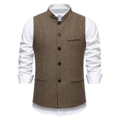 Men Vest Brown Herringbone Height Collar Single Button Waistcoat For Wedding Business Work Office Daily Casual Men Suit Vest
