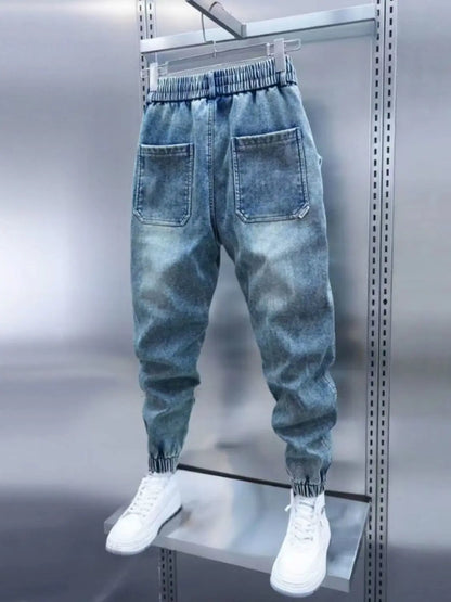 Drawstring Menswear Clothing Handsome Spring New Men's Jeans Korean Elastic Waist Buttons Decorative Fashion Harlan Pants Men
