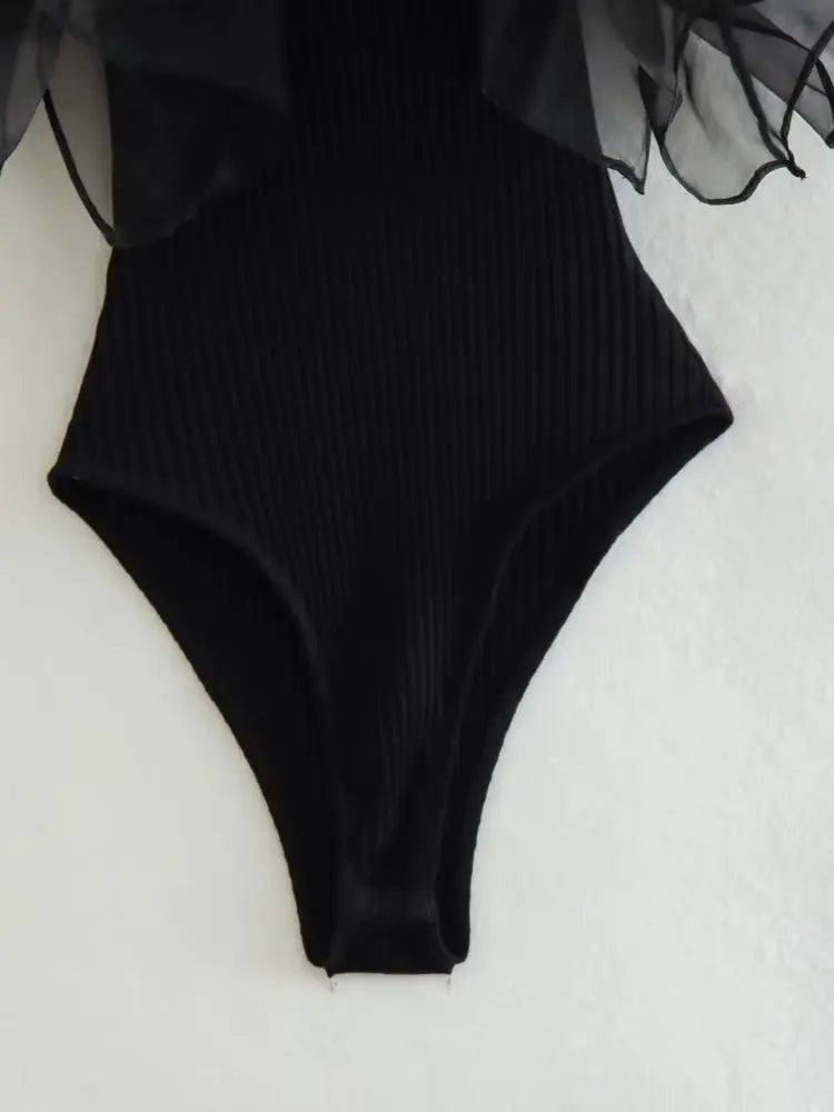 Women Fashion Black Ruffled Bodysuits Vintage O-Neck Sleeveless Female Chic Lady Tight Tops