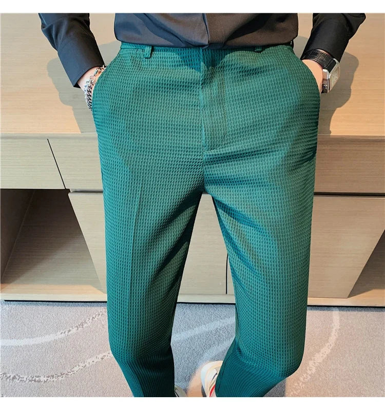 2024 Autumn New Waffle Stretch Waist Business Formal Pants Men Fashion Wedding Slim Trouser Mens Brand Social Party Suit Pants