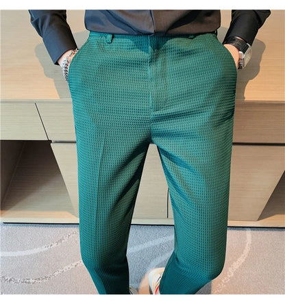 2024 Autumn New Waffle Stretch Waist Business Formal Pants Men Fashion Wedding Slim Trouser Mens Brand Social Party Suit Pants