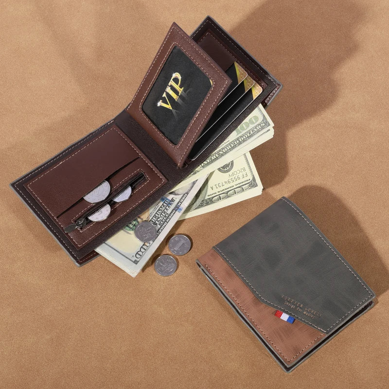 Men's high-capacity leather wallet, small multi slot photo wallet for coins, vintage wallet