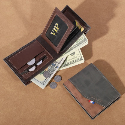 Men's high-capacity leather wallet, small multi slot photo wallet for coins, vintage wallet