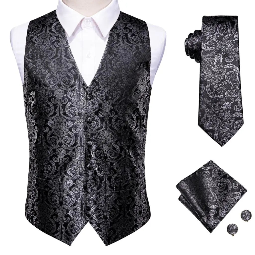 Mens Vests Tie Sets V-Neck Grey Red Purple Blue Green Pink Black Waistcoat Hanky Cufflinks Wedding Business Designer