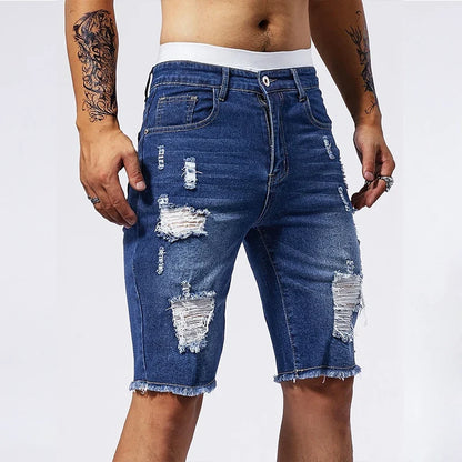 Vintage Denim Shorts Men's American Stretch Slim Jeans Fashion Ripped Streetwear Male Hole Frayed Short Pants Blue Black