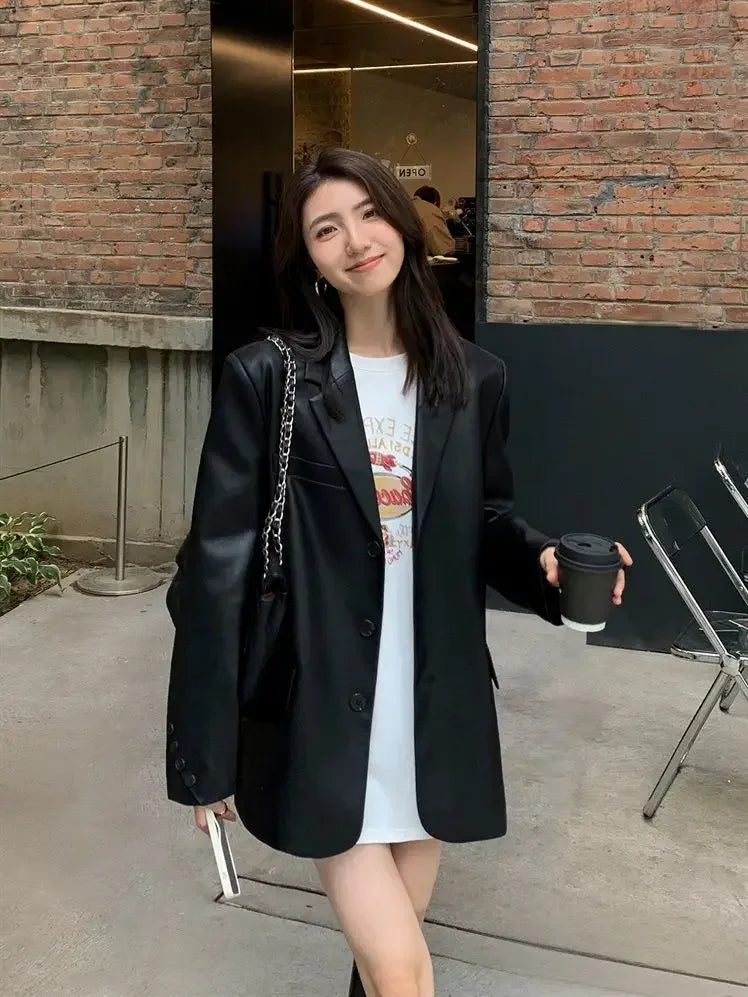 Blazer Woman PU Leather Black Outerwears Long Over Loose Jacket Coats for Women Solid Clothes Dress Korean Style Fashion 2025