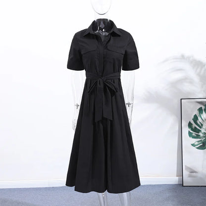Elegant Belt Women Long Black Dress Full Sleeve Pleated Lapel Waist-Closed Female  A Line Dresses 2026 Spring Lady Robes New