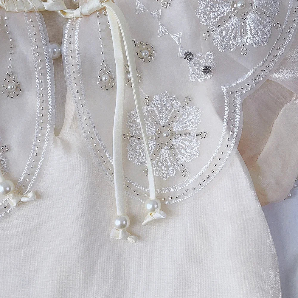 Summer New Chinese Style Elegant White Lace Flower Embroidered Short Sleeve Dress Sweet Girl's Clothes 2-7 Year Old Cheongsam