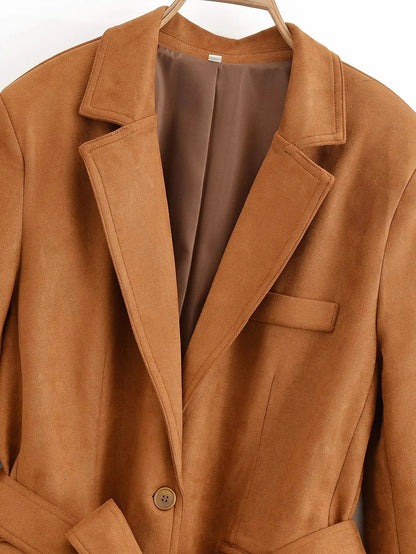 Office Lady Suede Blazer V Neck Sashes Long Pockets Blazer Fashion 2025 Fall Streetwear Outwear Winter Thick Coats