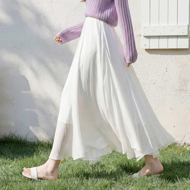 Women's Gray Elegant Skirt 2026 Summer Elastic Waist Sheen Flowy A Line Long Skirt for Woman Ladies Clothes 162QG4909