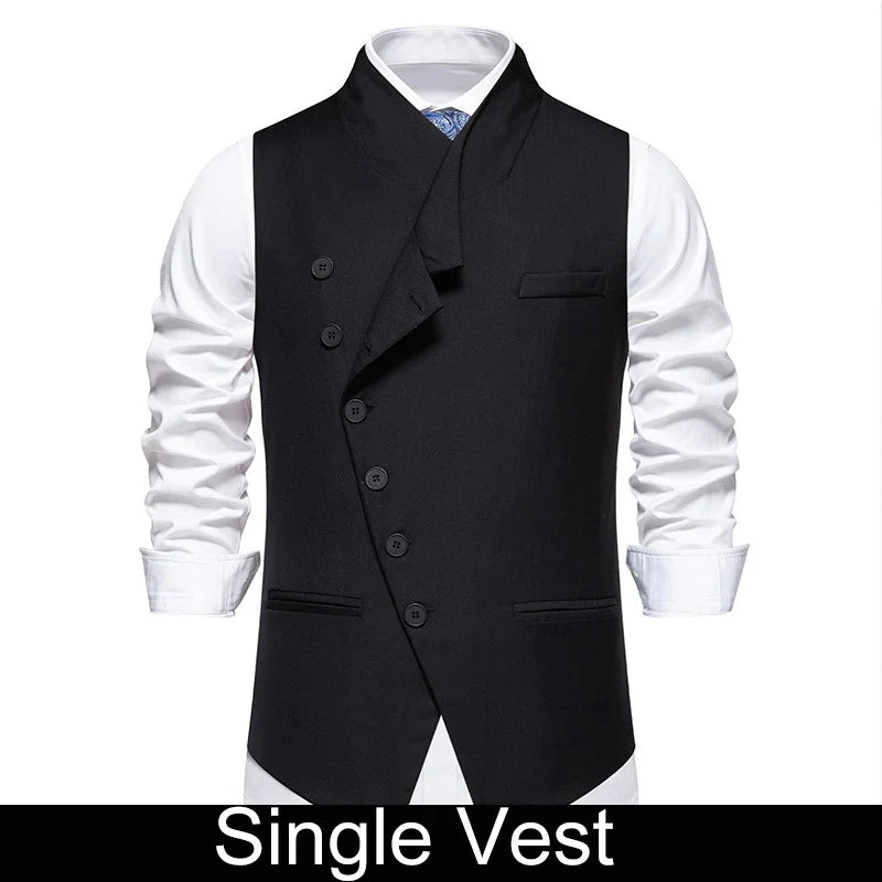 Man Suit Vest Spring Autumn Thin Solid Stand Collar Male Waist Slim Sleeveless Single-breasted Business Wedding Men Vest