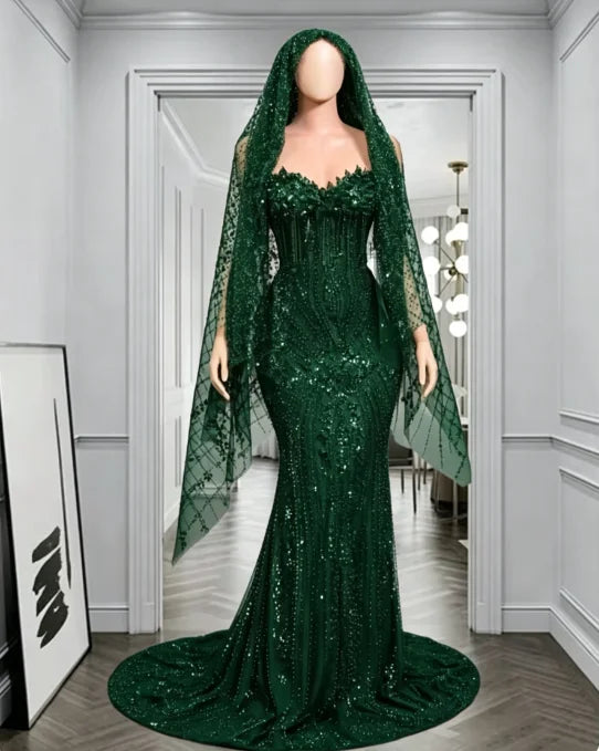 Red Rhinestone Matching Cape Veil Women Mermaid Prom Dress Formal Wedding Eveing Party Gown Customized