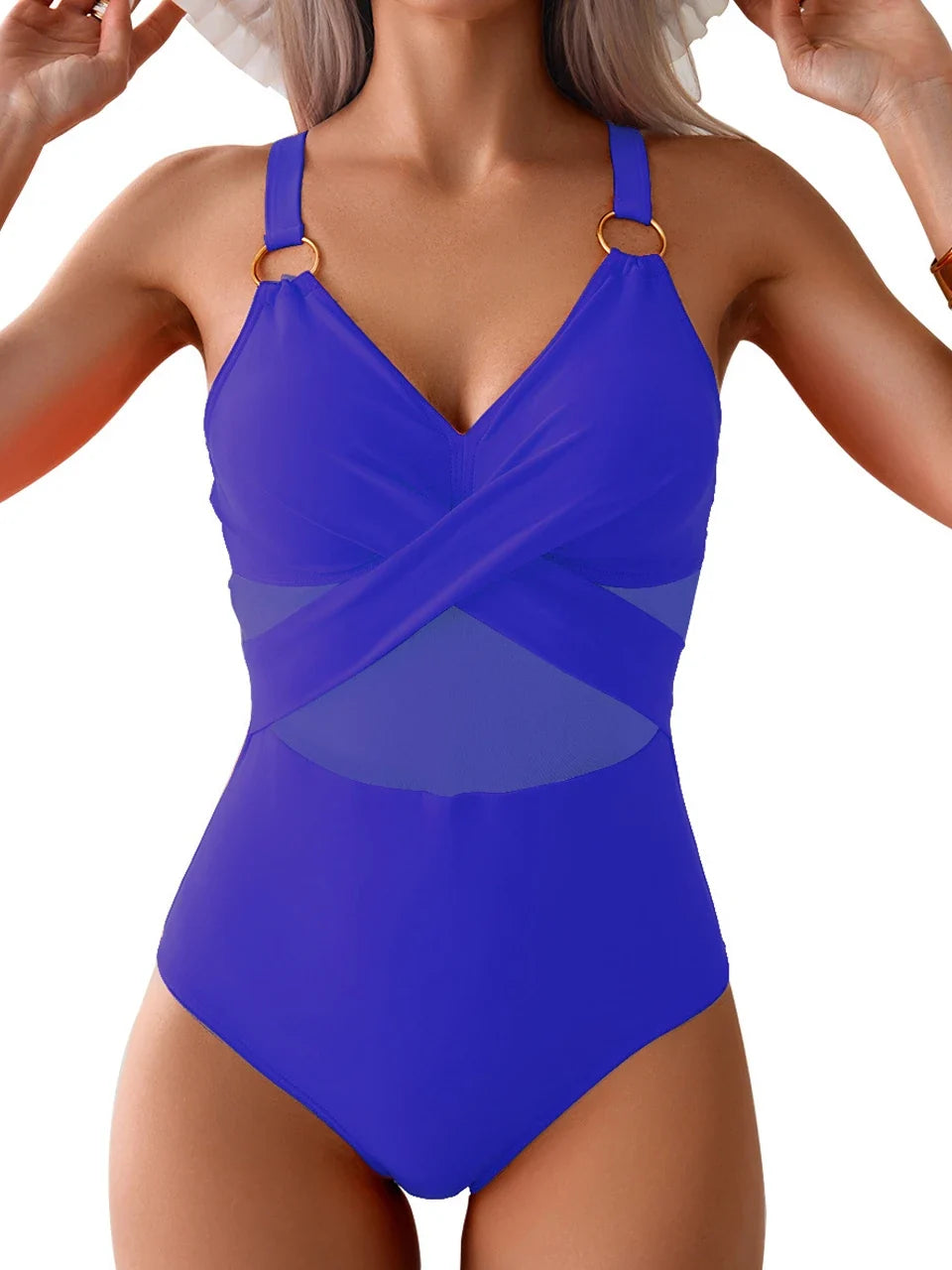 2026 Plain Ruched Mesh Swimsuit Women One Piece Ring Link Swimwear Female Sexy Bathing Swimming Suit Bodysuit Summer Beachwear