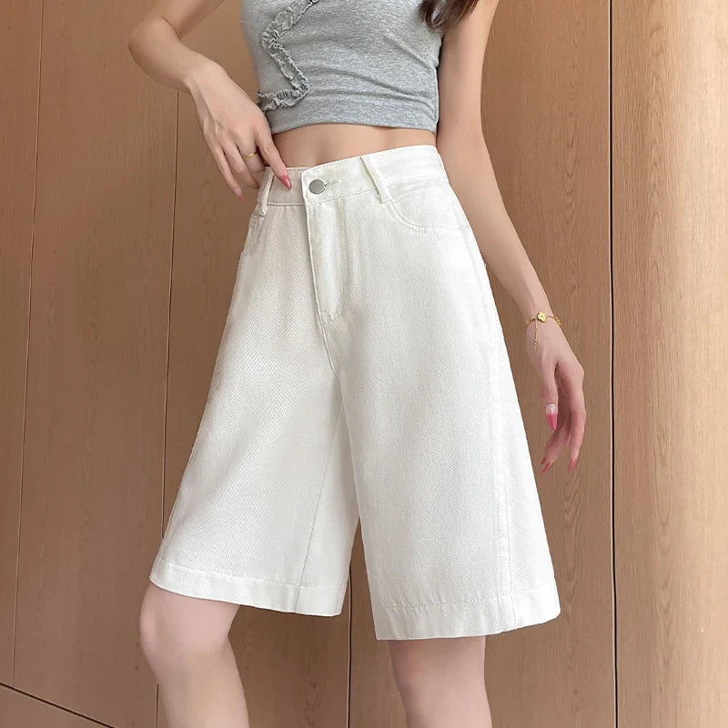 Women's 2026 Summer White Five-Point Denim Shorts Korean Y2K High Waist Loose Slimming Stretch Straight Leg Jeans