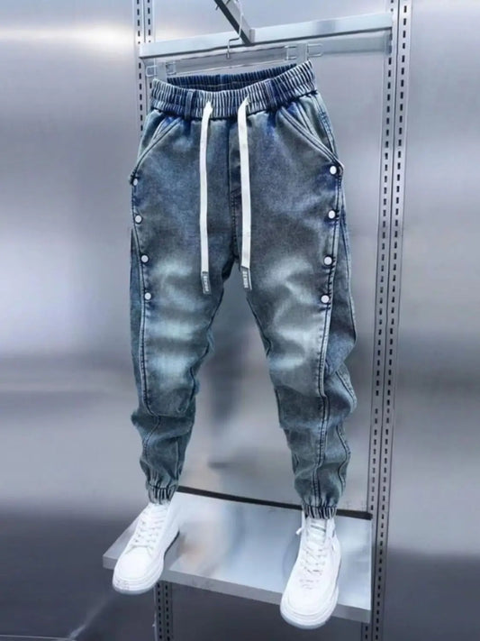 Drawstring Menswear Clothing Handsome Spring New Men's Jeans Korean Elastic Waist Buttons Decorative Fashion Harlan Pants Men