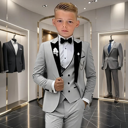 Four Pieces Boys Formal Suit Set, Velvet Collar Blazer Vest Pants Bow-tie Tuxedo Pants, Homecoming Children Wedding Suits