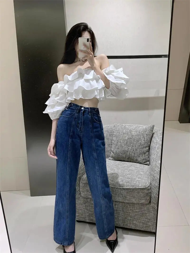 Off Shoulder Fashion Woman Blouse Stacked Ruffles Crop Top Shirt Summer Designer Short Sleeve Chiffon Sexy 2023 New