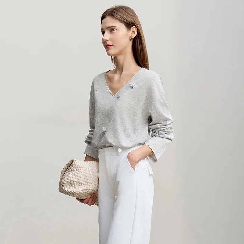 Women's Long Sleeve Top 2026 Spring New V-neck Loose T-shirt Women's Cotton Knitted Tees Pullover Versatile Top 12641011