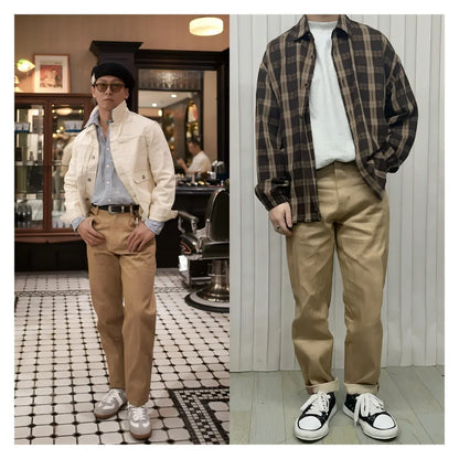 Retro 11.7oz Red-Line Selvedge Raw Denim Jeans for Men's Khaki Well-fitting Straight Pants Mid-waist Casual Fall Trousers