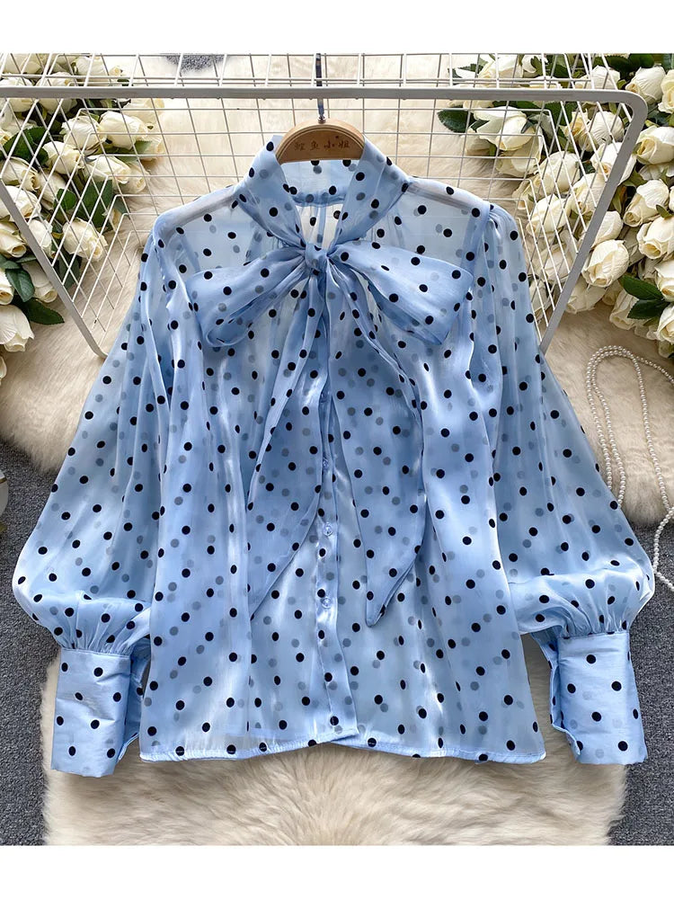 Women Spring Autumn Shirt Fashion French Retro Casual High-end Polka Dot Blouse with Bubble Sleeves Bow Design Top S263