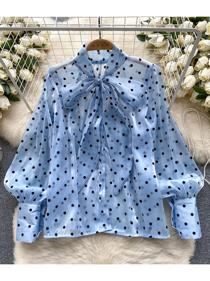 Women Spring Autumn Shirt Fashion French Retro Casual High-end Polka Dot Blouse with Bubble Sleeves Bow Design Top S263