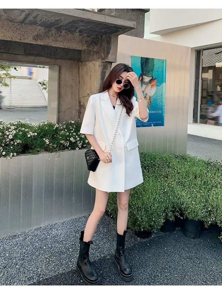 Korean Fashion Loose Thin Blazer Women Spring Autumn New Extra Large Mid Length Short Sleeved Women Coat Casual Outwear