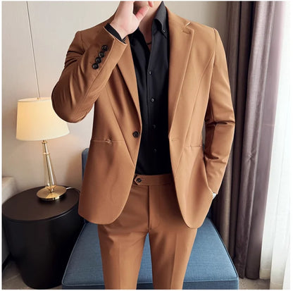 (Jacket+Pant) New Men Pure Color Business Social Wedding Party Suit Fashion Male Banquet Party Slim Fit Dress Blazer and Trouser