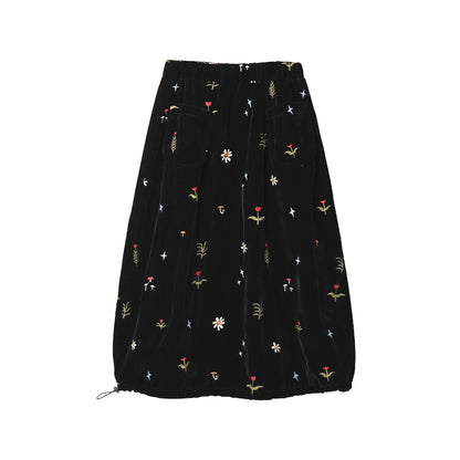 Embroidered Floral Midi Skirt, Vintage Velvet, Daily Outing, Mori - style Healing Vibe 255288