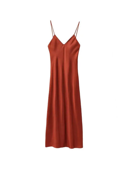Women's Satin Midi Dress, V Neck, Thin Straps, Backless, Female Dresses, Sexy Fashion