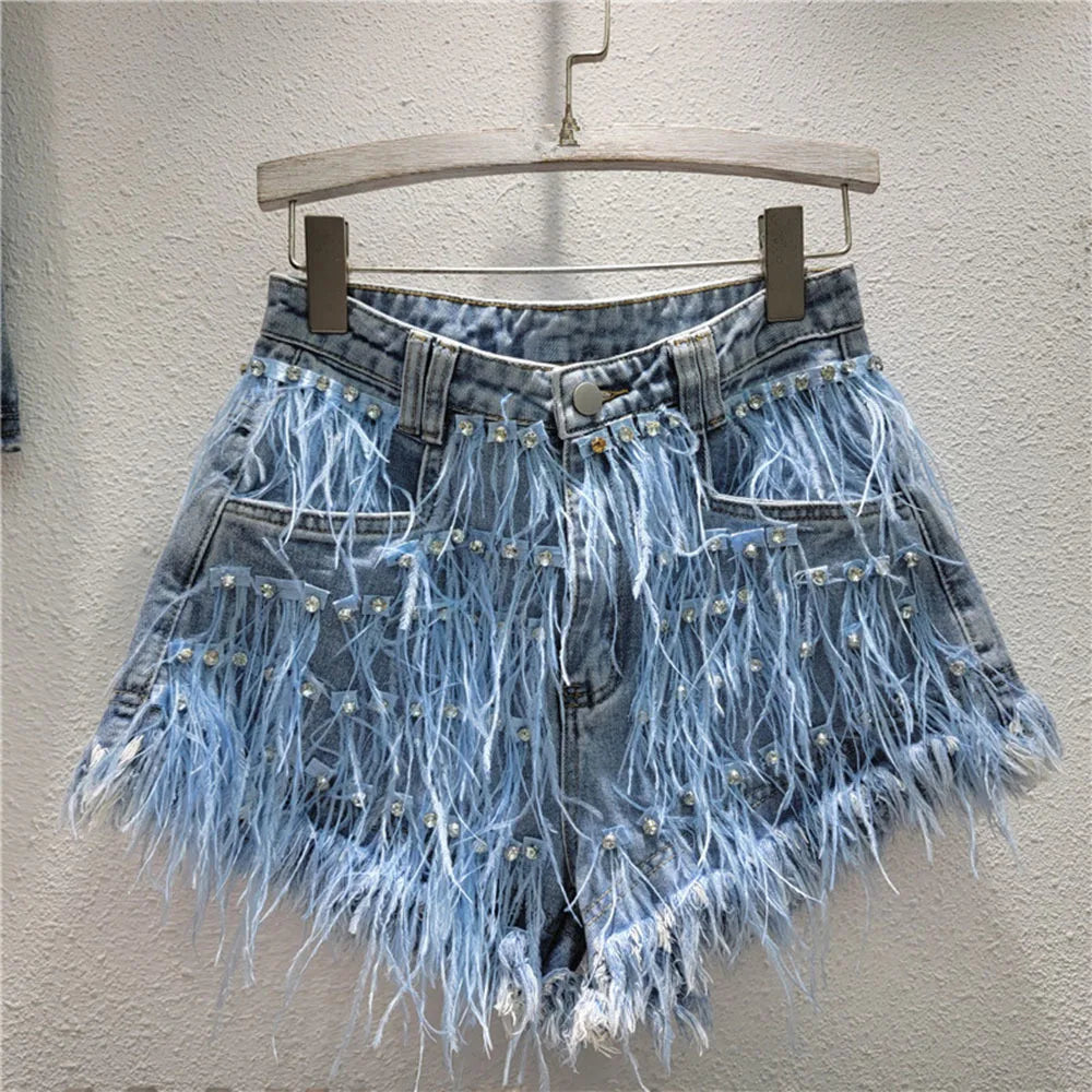 Summer Street Hot Girls Short Jeans Female Chic Feather Diamond Denim Shorts Women Retro Washed Hot Pants Sexy Night Club Shorts