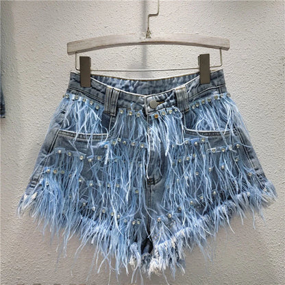 Summer Street Hot Girls Short Jeans Female Chic Feather Diamond Denim Shorts Women Retro Washed Hot Pants Sexy Night Club Shorts