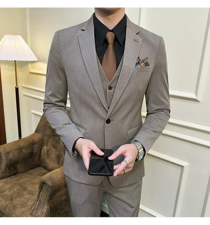 S-7XL Jacket Vest Pants Luxury Elasticity Boutique Fashion Men's Solid Color Casual Business Suit 3-piece Sets Groom Wedding