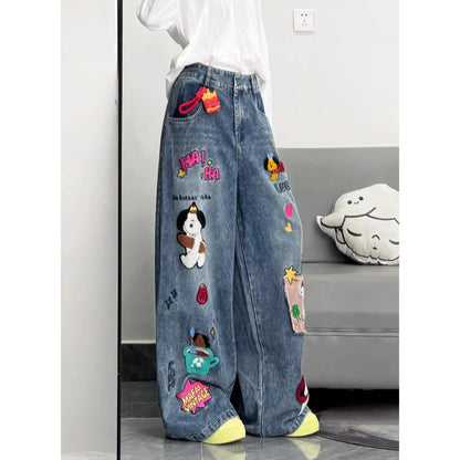 Retro American Cartoon Floing Embroidery Jeans Men Women Cleanfit Waed Loose Wide Leg Pants Couples Casual Loose Fit