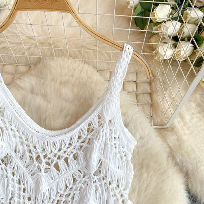 Retro Knitted Camis Bohemian Vacation Beach style Summer Tank 2024 New Women Strap Sleeveless Long Tassel Tops