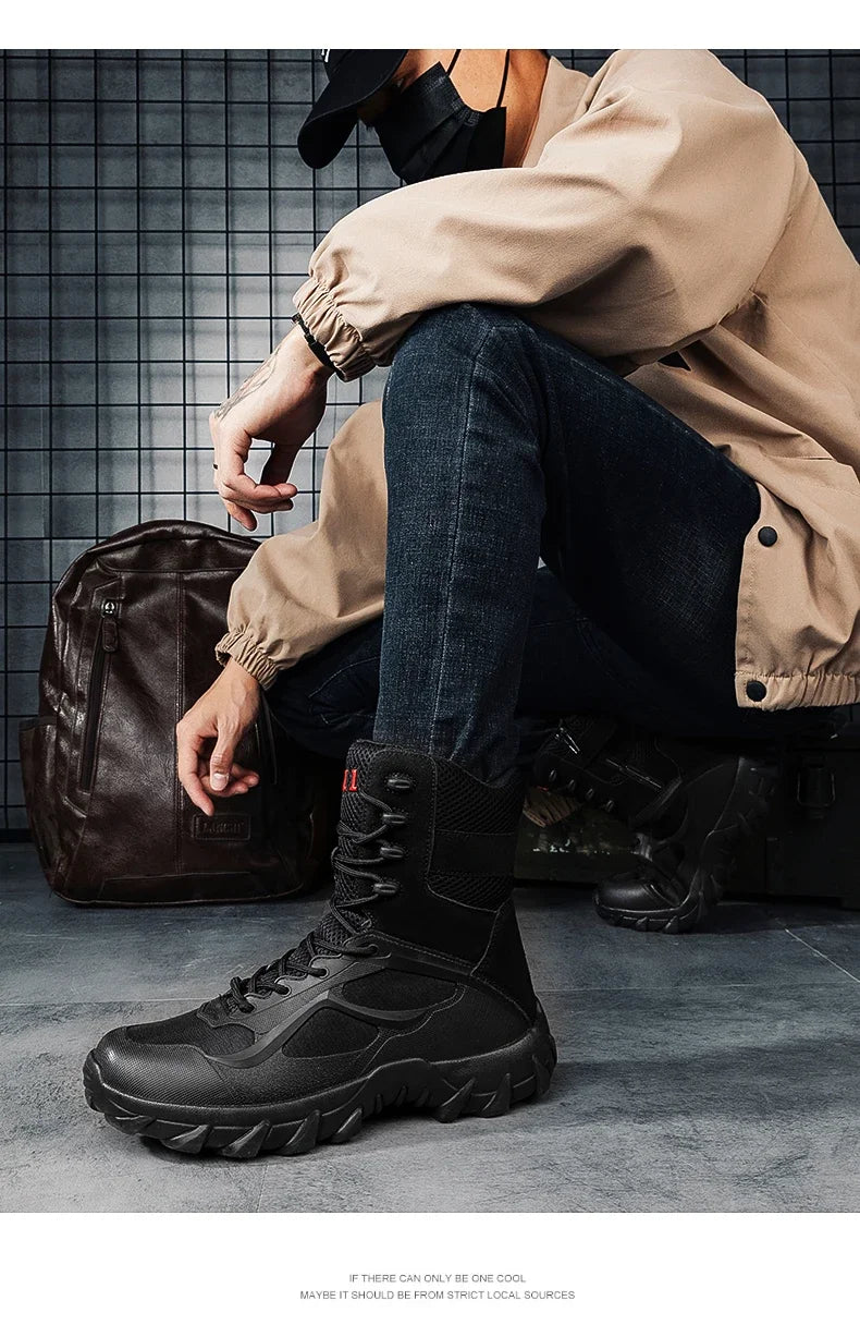 New Men Motorcycle Tactical Boots Work Army Desert Safety Climbing Hiking Shoes Anti-Slip Ultrallight Hunting Boots High Quality