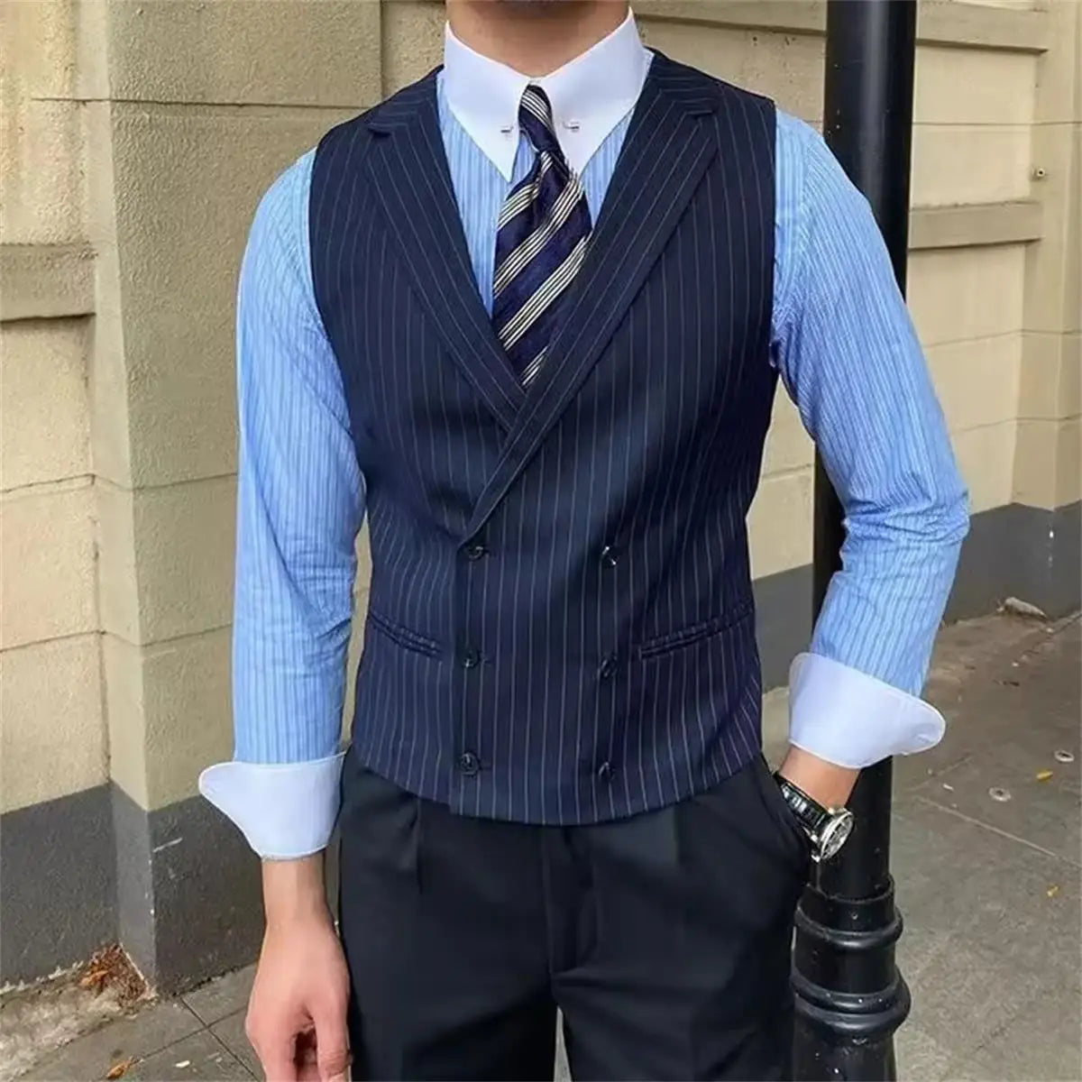 British Style Business Men's Striped Suit Vest Retro Double-breasted Elegant Slim Lapel Casual Men's Vest Retro Waistcoat Trendy