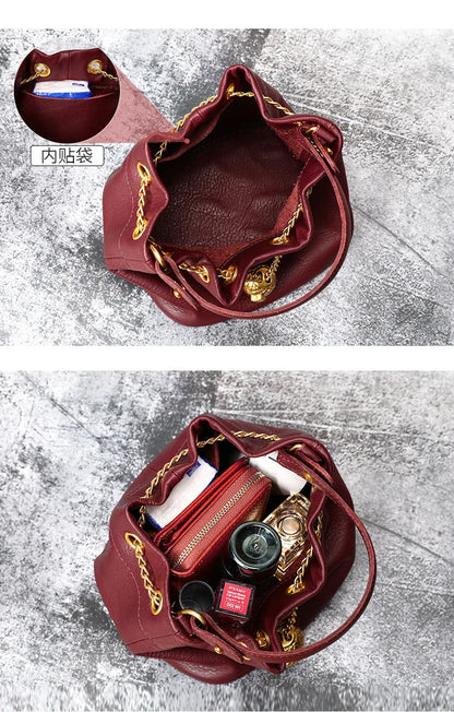 New Vintage Fashion Chain Bag Genuine Leather Multi-Way Bucket Bag for Women Compact Stylish Crossbody Purse