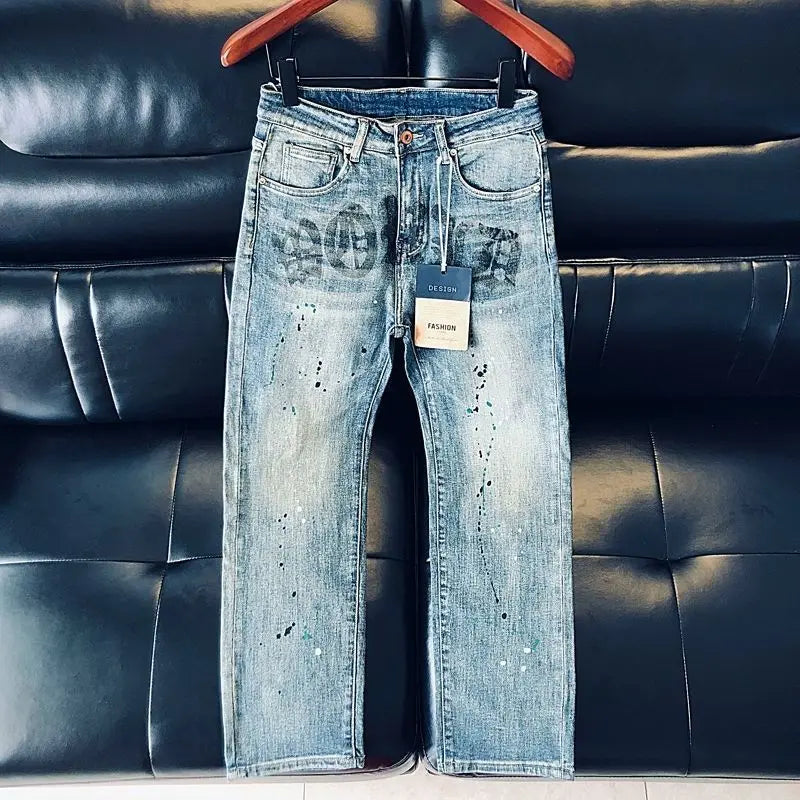 High-quality Blue Jeans Men's 2025 Spring and Summer European Wear Cargo Brand Letter Printing Ink Splashing Straight-leg Pants