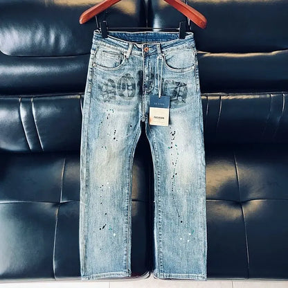 High-quality Blue Jeans Men's 2025 Spring and Summer European Wear Cargo Brand Letter Printing Ink Splashing Straight-leg Pants