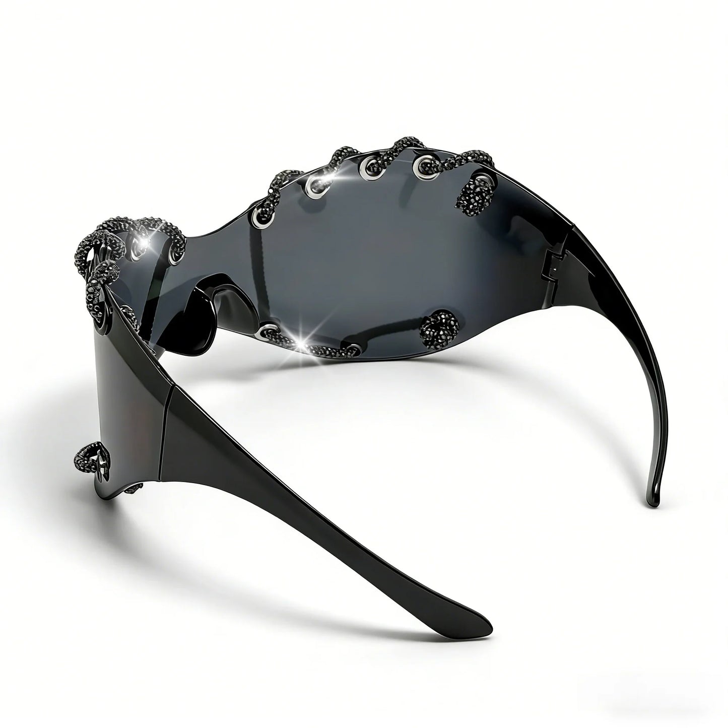 Women's Exaggerated Oversized One-Piece Rhinestone Chain Sunglasses Y2K Retro Futuristic Fashion Silver Goggles Shades for Party