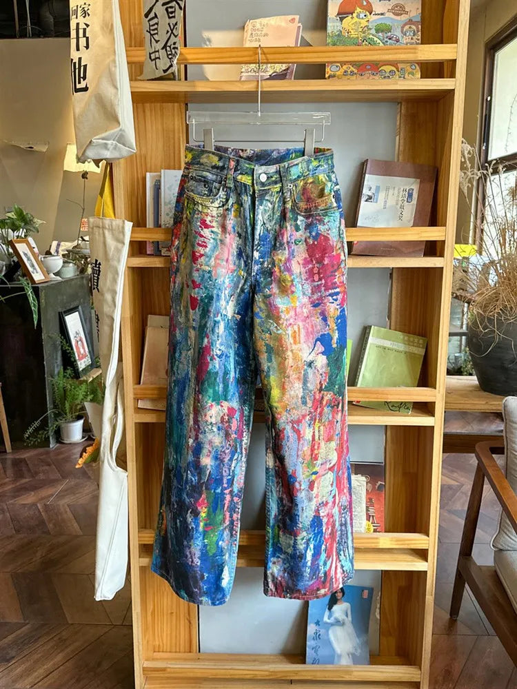 2026 Ropa Y2K Streetwear Graffiti Painting Baggy Jeans Pants For Men Designer Clothes Colorblock Kanye Wide Leg Denim Trousers