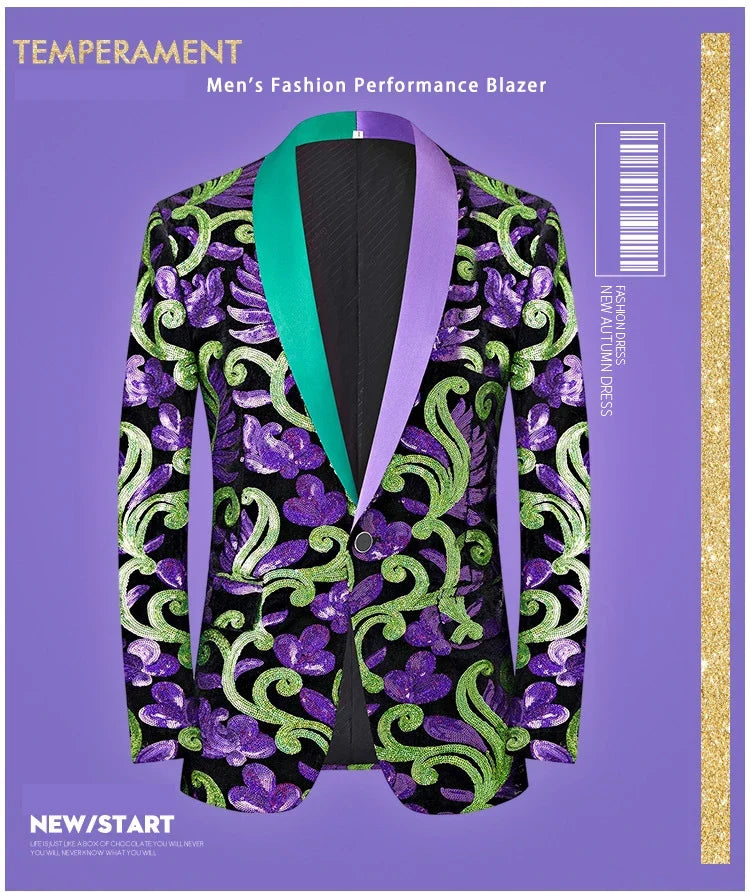 2024 New Flat Velvet Large Flower Sequin Jacquard Mens Blazer, Purple  Stage Performance Suit Dress, Host Fashion Show Jacket