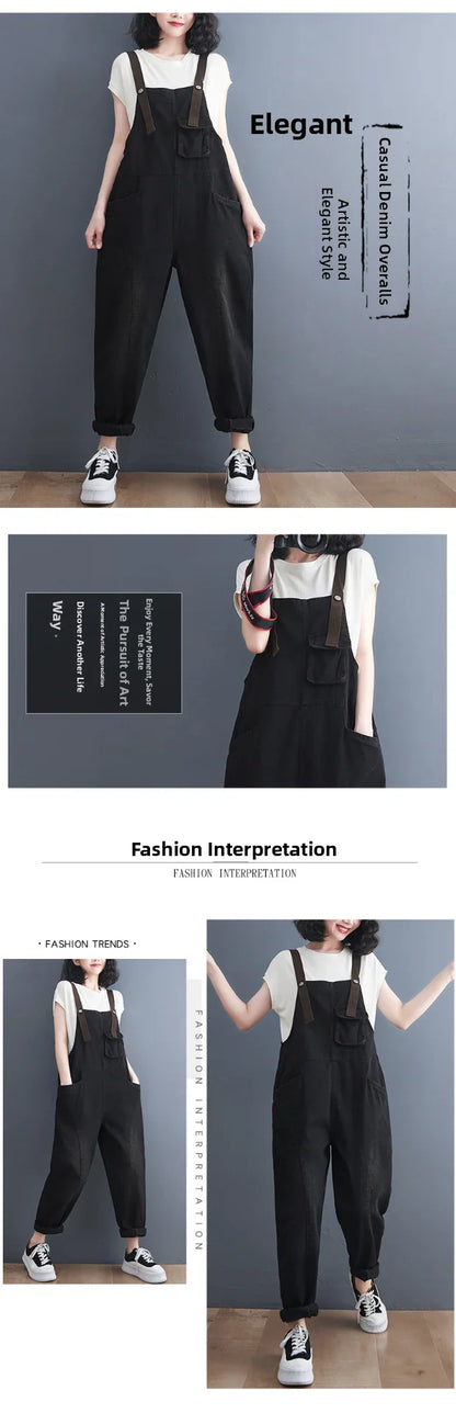 Loose Women's Denim Overalls Faionable Spring Summer High Waist Long Pants Thermal Properties Deep Color Korean Sle