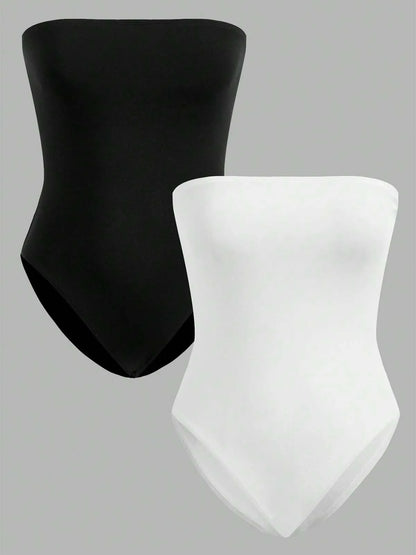 2 Pieces  Women’s Seamless Strapless Bodysuits – Black & White, Slim Fit, Tube Top Style, Comfortable Stretch Fabric