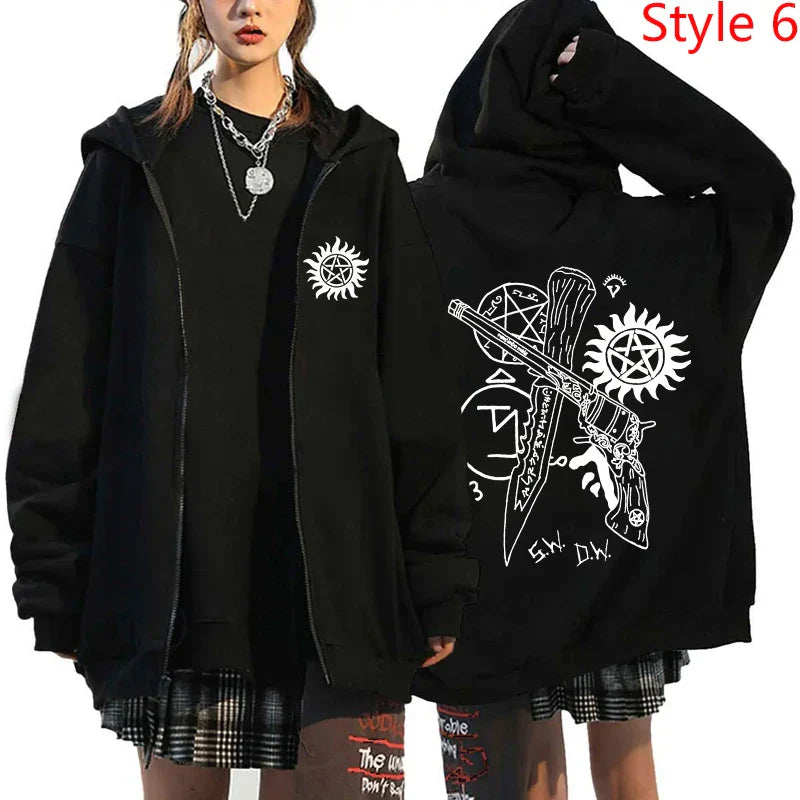 New Supernatural Printed Zipper Hooded Fashion Women Men Sweatshirt Casual Sport Hoodie Personality Zipper Long Sleeve Coat