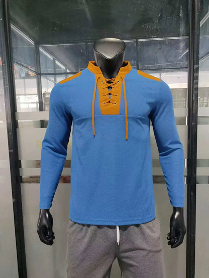 Cross-border new men's waffle color matching strap V-neck top casual long-sleeved bottoming T-shirt