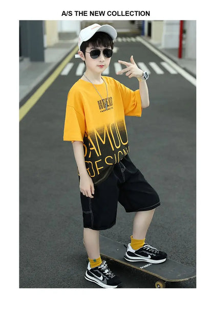 Summer Boys Cotton Contrast Alphabet t-Shirt Tops+Denim Shorts Pant School Kids Tracksuit Child 2PCS Outfit Workout Set 5-16 Yrs