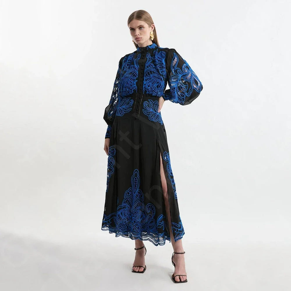 Customized Unique Black Prom Gowns Contrast Color Evening Dresses Lace Long Sleeves Wedding Party Gowns Tea Length Side Slit